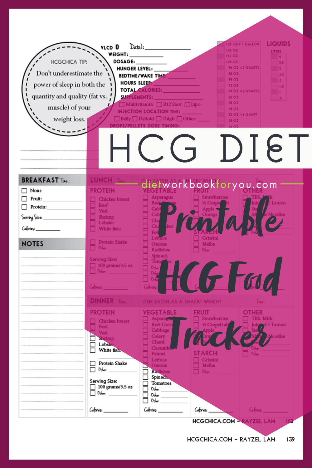 hCG Diet Workbook - Downloadable Reusable Printable Food Tracker