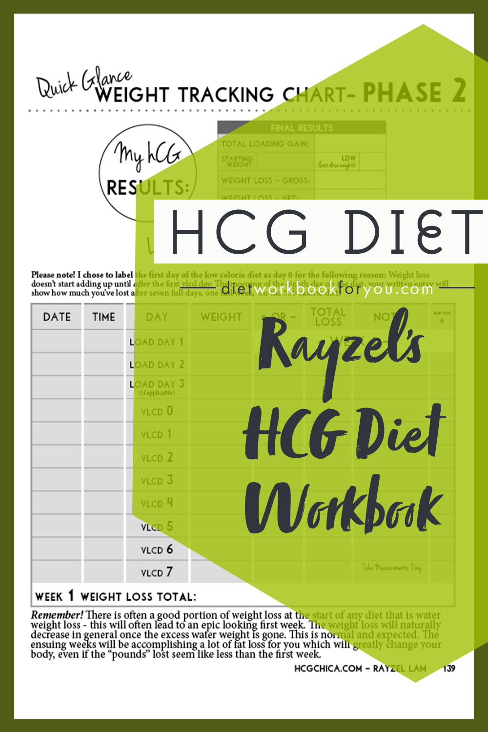 hCG Diet Workbook - Downloadable Reusable Printable Weight Tracker