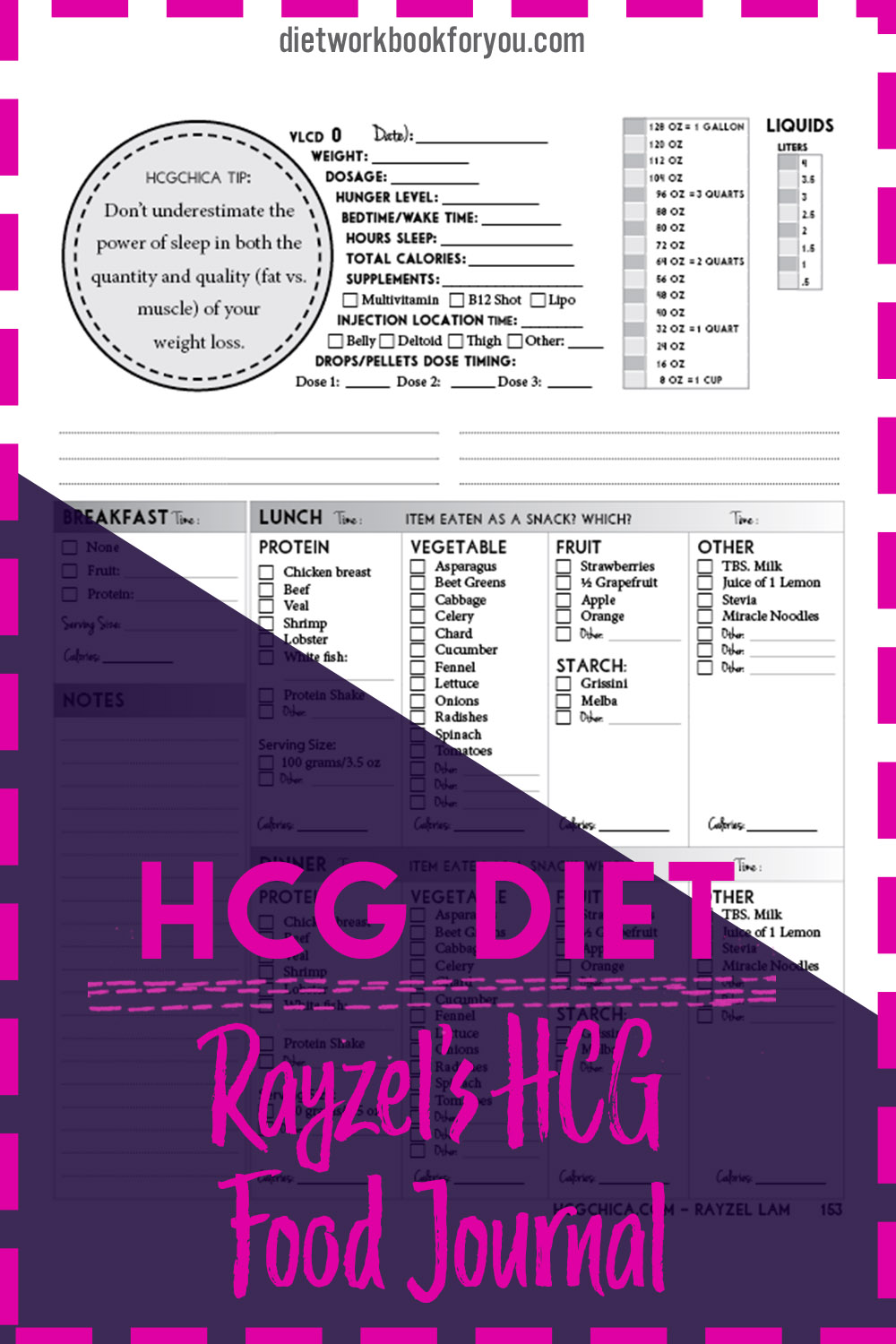 hCG Diet Workbook - Downloadable Reusable Printable Food Journal